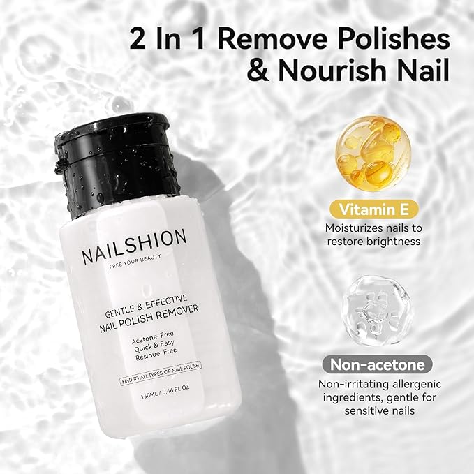 Nail Polish Remover Non-acetone, 5-10s Fast Remover for Regular Nail Polishes, Reusable Push-Down Pump Dispenser, No Toxic Gentle Removal, Rich in VE Non-Drying, 5.46 fl. oz