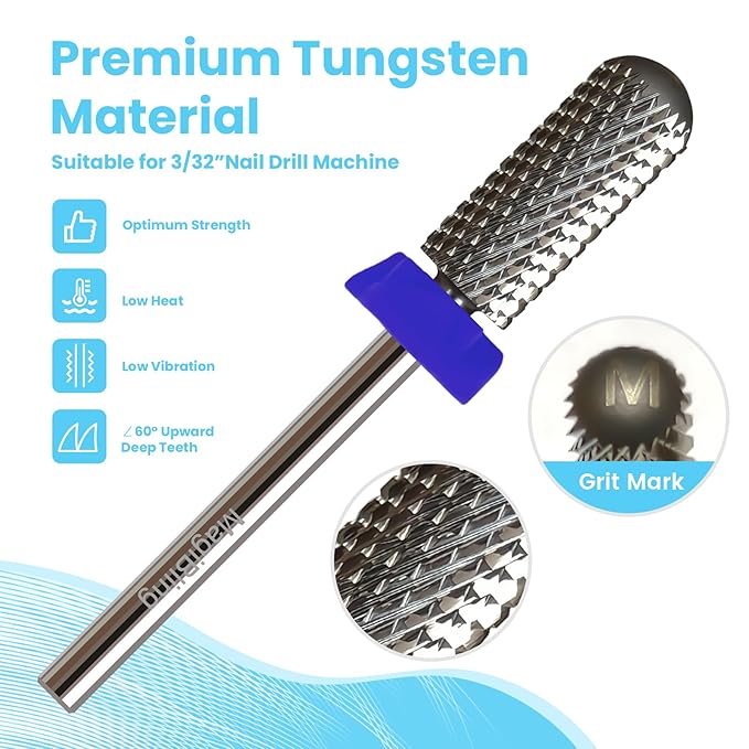 Super Cut Small Barrel 3/32'' Safety Tungsten Nail Drill Bits, Remove Gel Fast, Right handed, Suitable for Manicure Pedicure Cuticle Gel Polishing, Classic Round Top Bits, Grit: Medium.