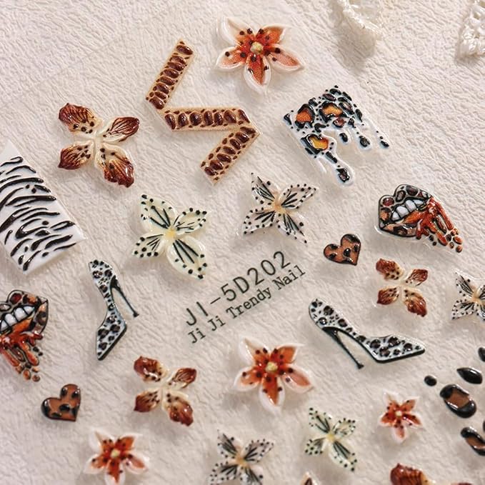 Flower 5D Embossed Nail Art Stickers Decals, 4 Sheets Autumn Winter Brown Hibiscus Flowers Tropical Floral Leopard Print Nail Art Design Self-Adhesive Nail Supplies for Women Girls