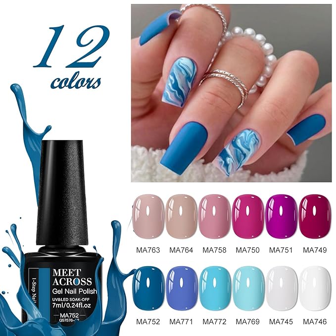 MEET ACROSS 12 Colors One Step Gel Nail Polish Set All-in-One Step Gel Polish Purple Blue Soak Off LED/UV Long Lasting Nail Polish DIY Salon Manicure at Home