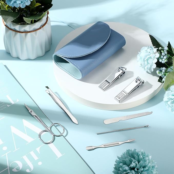12 Set Manicure Set Bulk Mini Manicure Nail Clipper Kit 7 in 1 Stainless Steel Professional Nail Care Pedicure with Travel Portable Bag Grooming Kits for Christmas Women Men Home(Dark Blue)