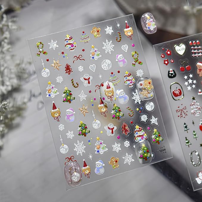 Christmas Nail Art Stickers Xmas Tree Snowman Self-Adhesive Xmas Nail Decals Nail Art Supplies 1PCS Shell Light Lantern Ball Star Gingerbread Man 5D Embossed Christmas Stickers for Nails Decoration