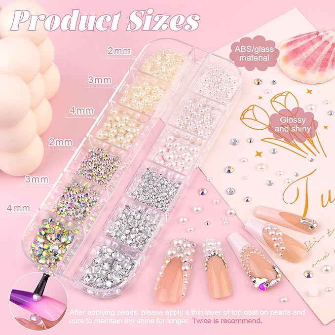 10000Pcs Nail Rhinestones and Charms for Nail Art, Flatback Nail Pearls and Caviar Nail Beads(Silver+Gold), Colorful Rhinestones Bedazzling Gems Kit Nail Gems Pearl Nail Charms for Manicure Decor