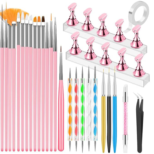 Nail Art Tools Set, Nail Stand for Press on Holder for Painting Nails, Nail Art Brushes, Liner Brushes, Nail Dotting Tool, Must Haves Design Tools for Nail Tech & Beginners Nail Art Supplies Kit