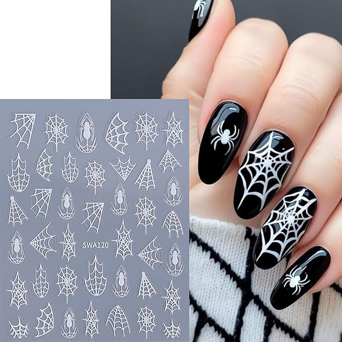 5 Sheets Halloween Nail Art Stickers Decals 3D Self-Adhesive Spider Web Nail Decals Black White Gold Silver Laser Spider Web Nails Stickers Gothic Nails Supplies for Women Halloween Party Nails Decor