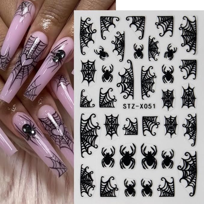 6Pcs Spider Web Halloween Nail Stickers Spider Nail Decals Self Adhesive Black Cobweb Spider Nail Design Stickers Halloween Nail Decoration Supplies Holiday Manicure Accessories for Women