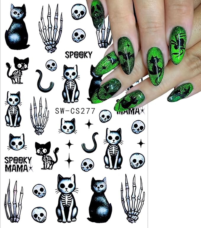 4 Sheets Halloween Nail Stickers Flower and Horror Cat Nail Art Stickers Skeleton Design Nail Decals Halloween Decoration Manicure DIY for Women