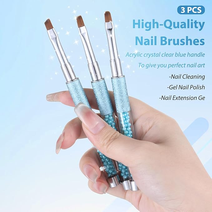 Pearl Blue Nail Art Clean Up Brushes for Cleaning Polish Mistakes on the Cuticles, Acetone Resistant Nail Brush, Fingernail Cleaning Brushes for Nail Art and Designs (Round&flat&Bevel)