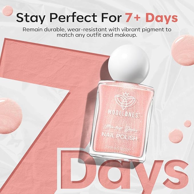 modelones Shimmer Pink Nail Polish, 15 ml Peachy Pink Iridescent Quick Dry Nail Lacquer Strengthener Long Last Shine Fingernail Toe Nail Art DIY Home Travel Manicure Gift for Women Girls 0.5 Fl Oz