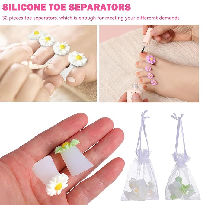 32 Pieces Toe Separators Silicone Flower Toe Separators for Pedicure Colorful Toe Stretcher Nail Polish Art Tools Pedicure Spacers Tools for Nail Salon Toes Dividers (B)