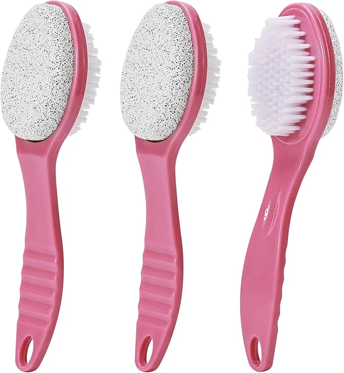 Foot Callus Remover, Double-Sided Pumice Stone Brush for Feet, 3 Pack Foot File Scrubber for Home Feet Care, Multi Purpose Pedicure Tools with Handle for Dead Skin Remover, Rose Pink