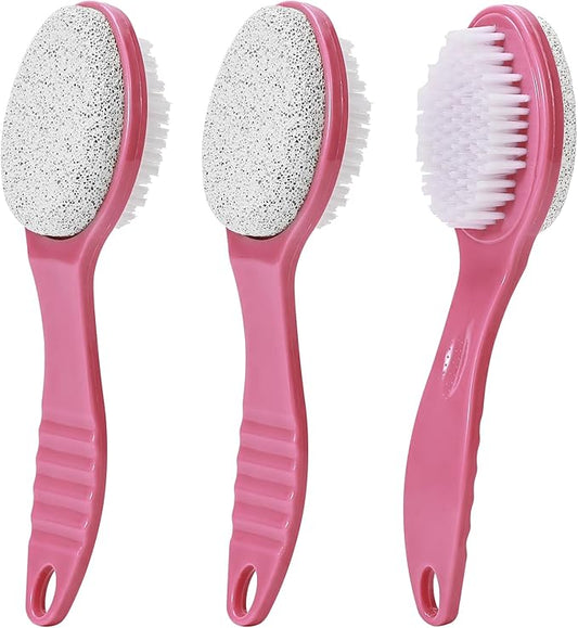 Foot Callus Remover, Double-Sided Pumice Stone Brush for Feet, 3 Pack Foot File Scrubber for Home Feet Care, Multi Purpose Pedicure Tools with Handle for Dead Skin Remover, Rose Pink