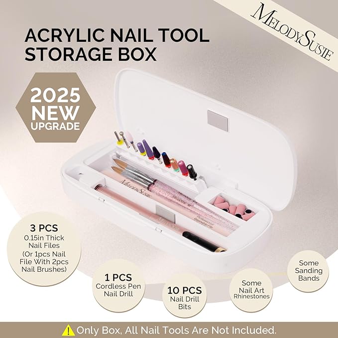 [2025 Upgraded]MelodySusie Acrylic Nail Tool Storage Box,Portable Dustproof Stand Displayer Holder Organizer Container Manicure Efile Accessories Nail Drill Kit Case,Travel Salon Home,White(Only Box)