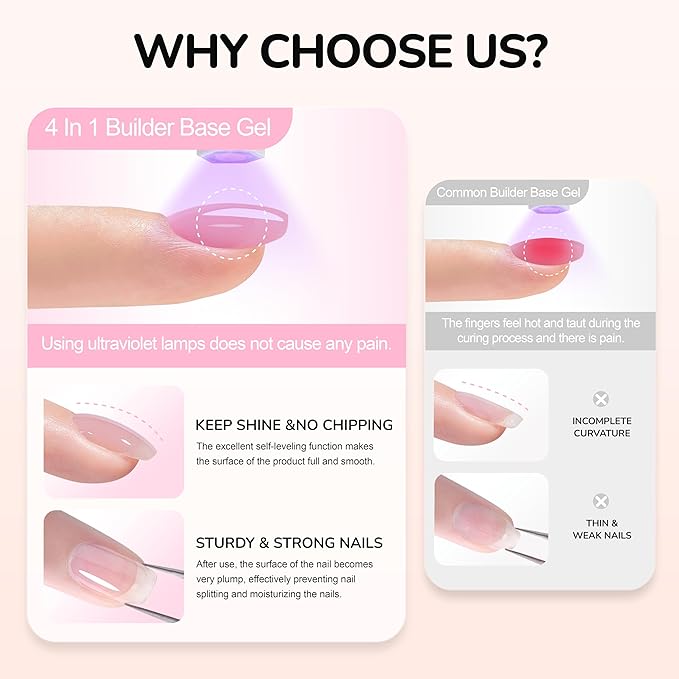 4 in 1 Hema Free Builder Gel Polishes, Cream Yellow, Soak Off Rubber Base LED UV Need Strengthener for Thin Flimsy Nail, Streak Free, Strengthening Nails Thickening & Repair