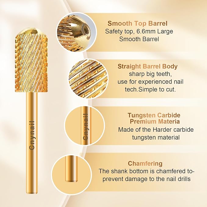 3/32" Large Barrel Smooth Round Top Tungsten Carbide Nail Drill Bit Safety Bit for Gel & Acrylic Removal, 2-Way Rotating Efile Tip, Salon Electric File Accessory (C Grit, Gold)