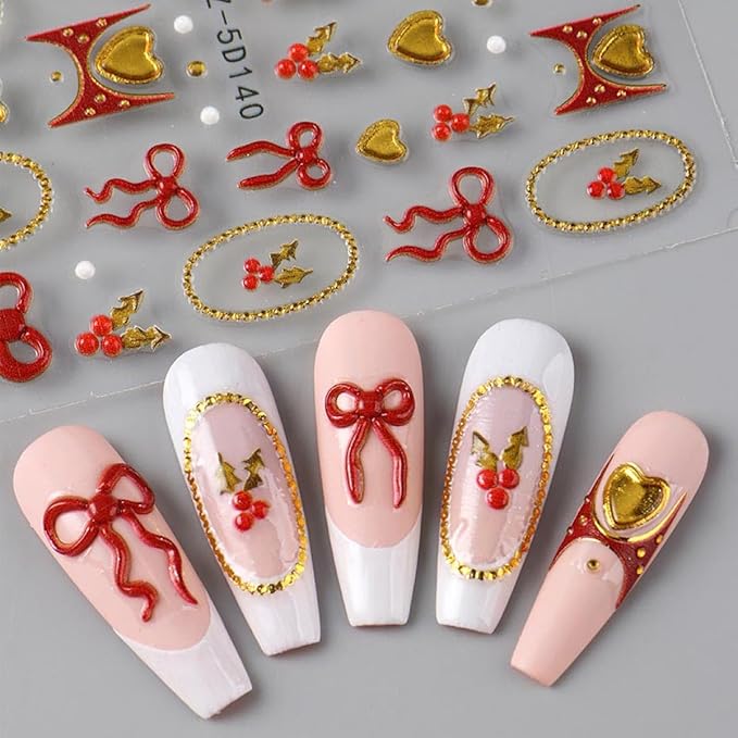 Christmas Nail Art Stickers Decals 5D Embossed Bow Nail Stickers 2PCS Red Gold Bow Heart Gold Circle Cherry Xmas Nails Design Self-Adhesive Nail Decals Manicure Supply for Women DIY Nail Art