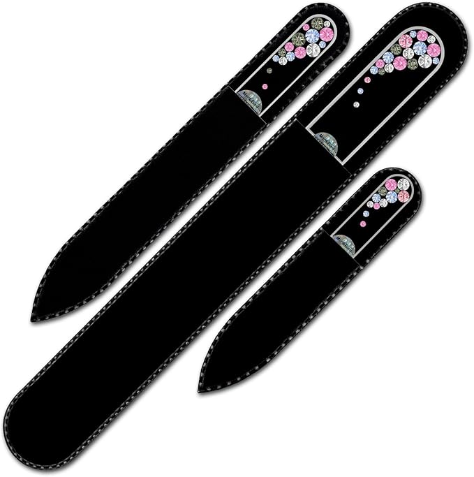 Mont Bleu Set of 3 Glass Nail Files Hand Decorated with crystals - in Black Velvet Sleeve - Genuine Czech Tempered Glass - Handmade Crystal Nail Files