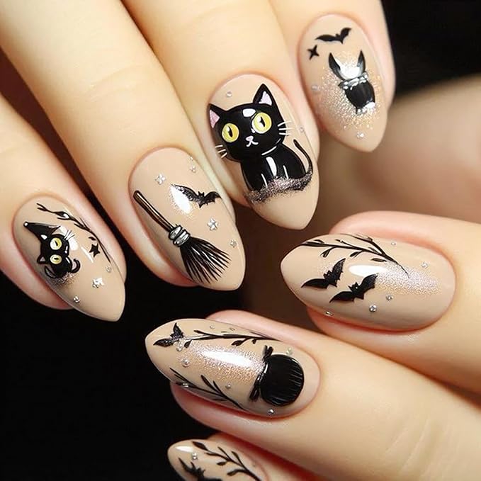 6 Pcs Halloween Nail Art Stickers,Cute Bear and Cat 3D Self-Adhesive Nail Decals with Designs Skull Pumpkin Nail Decorations Halloween DIY Manicure Supplies for Women Girls