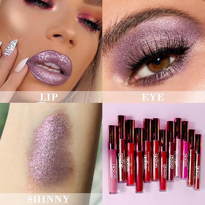 evpct 2Pcs Mauve & Taupe Mauve Glitter Metallic Shimmer Diamond Lipstick Lip Gloss Stain Set for Women Long Lasting Waterproof, Purple Sparkle Glitter Matte long Wear Liquid Lipstick Lip Makeup Kit