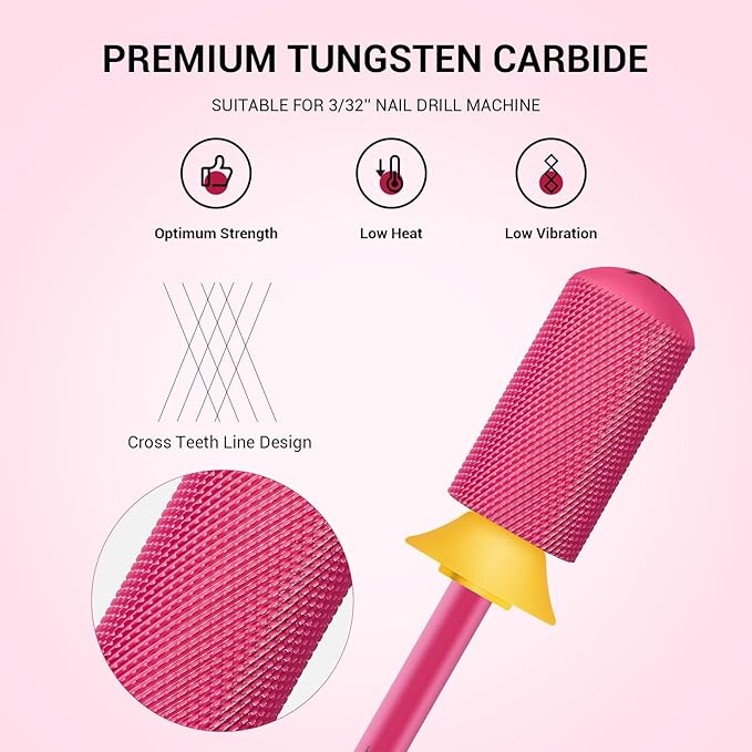MelodySusie Safety Nail Drill Bits, 3/32'' Smooth Round Top Large Barrel Carbide Bits, Suitable for Manicure Pedicure Cuticle Gel Polishing, Beginners Bits, Pink Blossom, Series Bit-S, XF