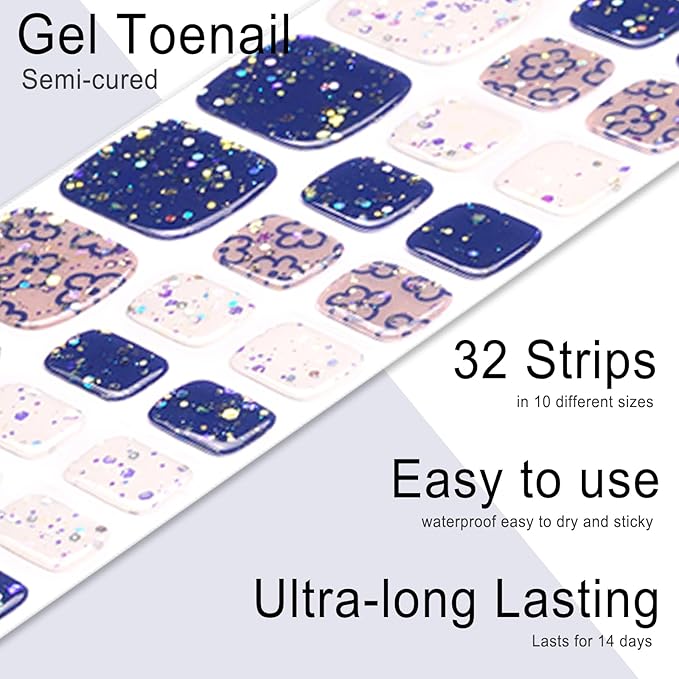 Semi Cured Gel Toenail Strips, 32 Sapphire-Blue Flower Gel Toenail Stickers - Works with Any UV Lamps Pedicure Strips Full Nail Wraps with Nail File & Wood Stick