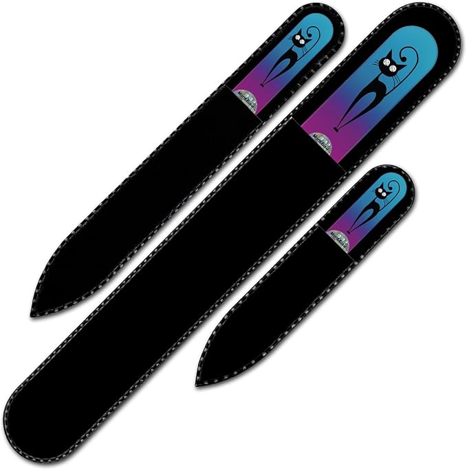 Mont Bleu Set of 3 Cats Crystal Nail Files Hand Decorated with Crystals - Hand Made, Czech Tempered Glass - Glass Nail Files for Natural Nails