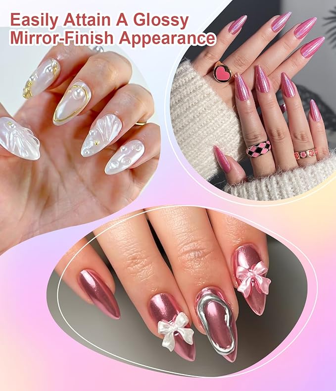 Chrome Nail Powder and 3D Nail Gel Kit BISHENGYF: 15g No Wipe 3D Sculpting Gel Aurora Mermaild Pink White Pearl Chrome Nail Powder with Clear 3D Carving Nail Molding Glue Set for Nail Art Decoration