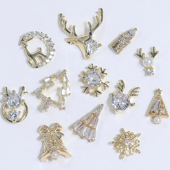 HNUIX Gold Nail Charms - Multi Shape, Zircon Jewelry, Christmas, Gems Rhinestones Charms, Metal Base, for Nail Art