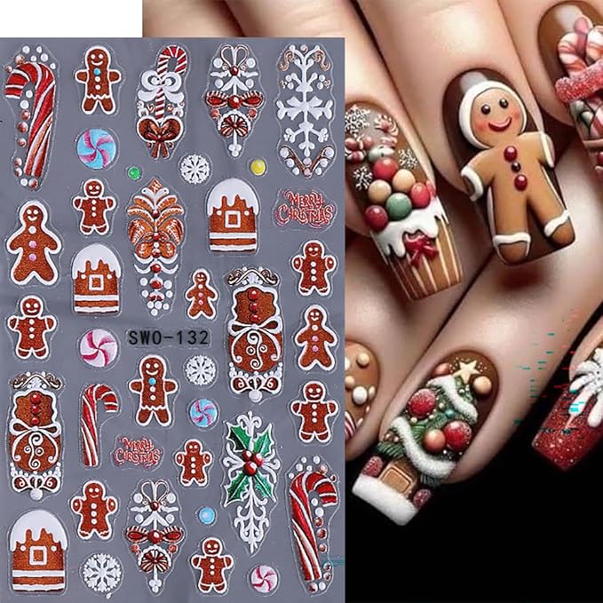 5Pcs Christmas Nail Stickers 5D Christmas Tree Snow Man Nail Decals DIY Self Adhesive Bow Light Cute Snowman Nail Design 3D Nail Decoration Supplies Holiday Manicure Accessories for Women Girls