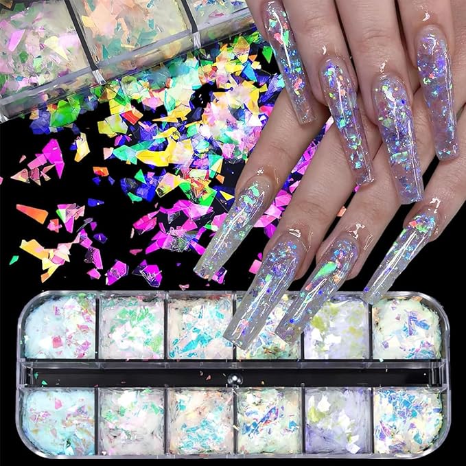 12 Colors Holographic Chrome Nail Art Glitter Sequins Iridescent Ice Slag Chunky Nail Glitter Flakes Mermaid Nail Sequins Colorful Fluorescent Glass Paper Nail Art Decoration for Face Hand Body DIY