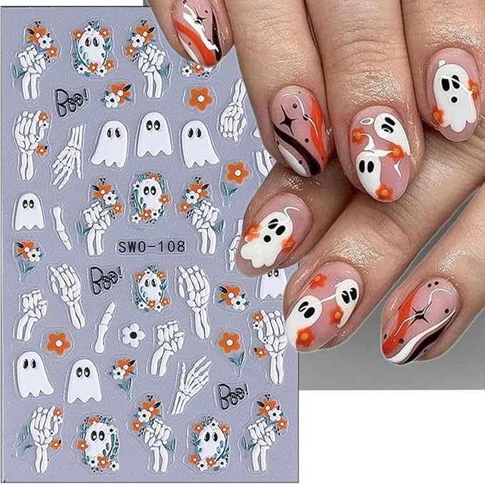 4Pcs Halloween Nail Stickers Cute Flower Ghost Nail Decals 3D Goth Spider Nail Art Stickers Mummy Bandage Pumpkin Skeleton Nail Design Sticker French Cat Halloween Nails Supplies Decoration for Women