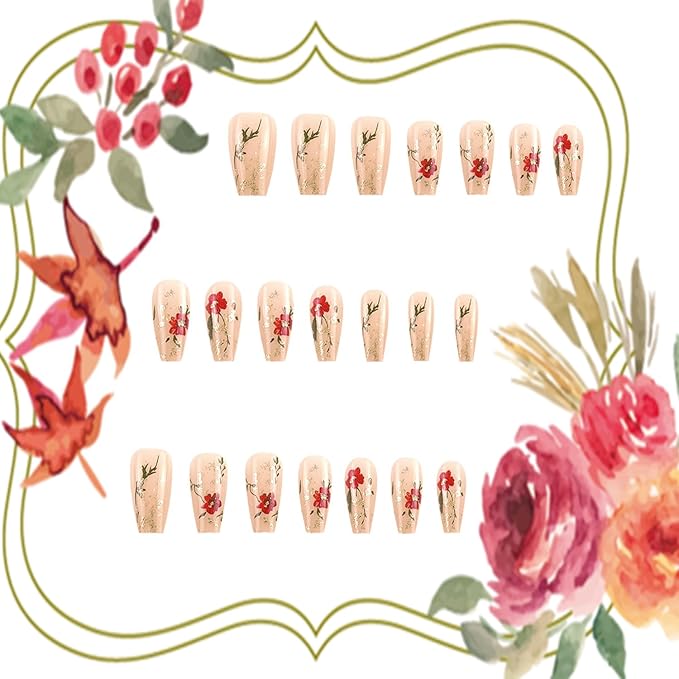 Press on Nails Medium Length Ballet Shaped Flower False Nails Gold Glitter Sequins Floral Design Full Cover Artificial Stick on Nails Glossy Reusable Glue on Nails for Women Manicure Decoration