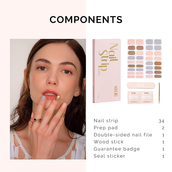 NAILOG Semi Cured Gel Nail Strips 34 pcs, Buy 2 Get 1 UV Lamp, Salon-Quality Gel Nail Stickers, Semicured Nail Wraps with Soft Gel Finish | Summer Soiree