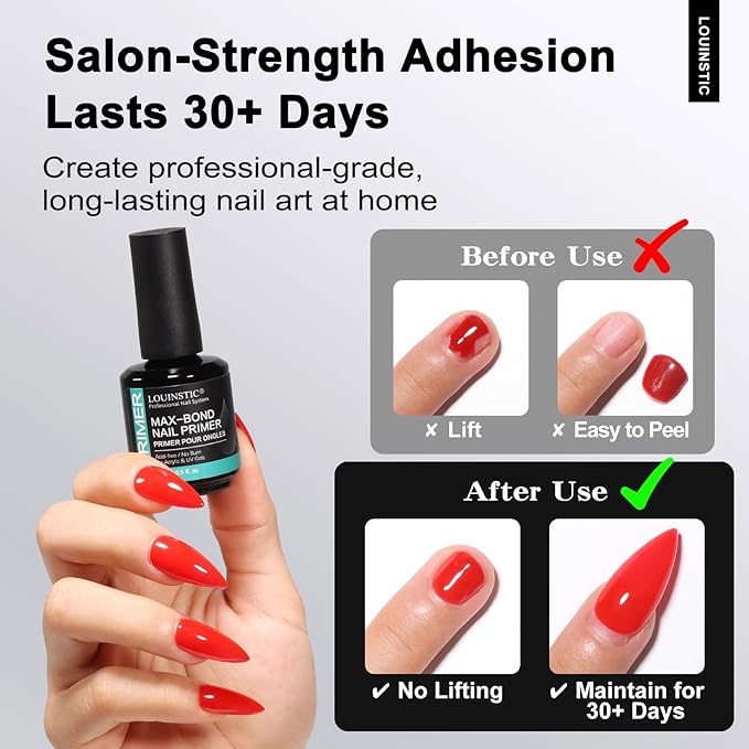 LOUINSTIC Acid-Free Nail Primer 15ml - Hema-Free Nail Prep for UV Gel, Builder Gel, Gel Polish & Acrylic Nails - No-Burn & No-Lift - Quick Air Dry, Low-Odor, Low-Irritant, Salon & Home Use