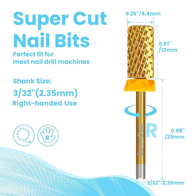 Super Cut Large Barrel Nail Drill Bits, 3/32'' Professional Tungsten Carbide Bits, Remove Hard and Soft Gel Fast, Right Hand Use, Manicure Pedicure Cuticle Gel Polishing, Gold Color, Double Coarse.