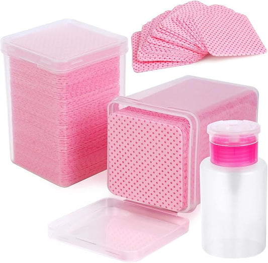 400 Pieces Nail Cotton Pads,1 Pull-Down Pump Dispenser Bottle, Super Absorbent Soft Non-Woven Eyelash Glue Wipes, Nail Polish dehumidifier for Eyelash Extension Products and Nail Oil Bottle (Pink)