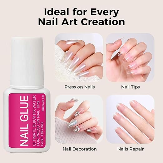 24ML Super Strong Nail Glue for Press Ons, Fake Nail Tips, Acrylic Nails No Uv Light Needed Nail Bond Brush in Nail Glue for Press On Nails False Nails Tips Long Lasting for Beginners DIY Home