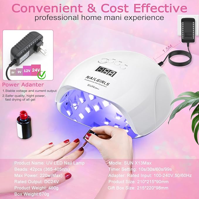 NAILGIRLS UV LED Nail Lamp, 220W, White, 42 UV+LED Beads, 4 Timer Settings, Auto Sensor, Professional Nail Light Curing, Gel Polish, Salon & Home