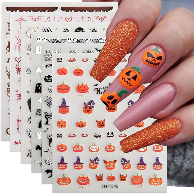 Halloween Nail Art Stickers Decals 3D Sparkly Ghost Pumpkin Self-Adhesive Nail Decals Nail Art Supplies 6PCS Spider Web Spider Black Cat Skull Bat Halloween Nails Design Transfer Sliders for Women