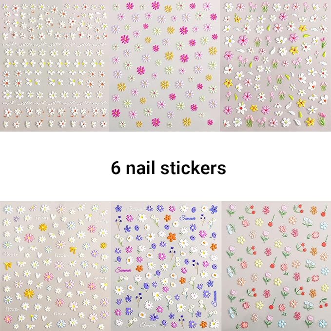 6 Sheets Flower Nail Art Stickers Colour Daisy Nail Decals 5D Embossed Pink White Floral Nail Design Stickers Spring Nail Decor Self-Adhesive Design Flower Acrylic Nail Art Supplies for Women