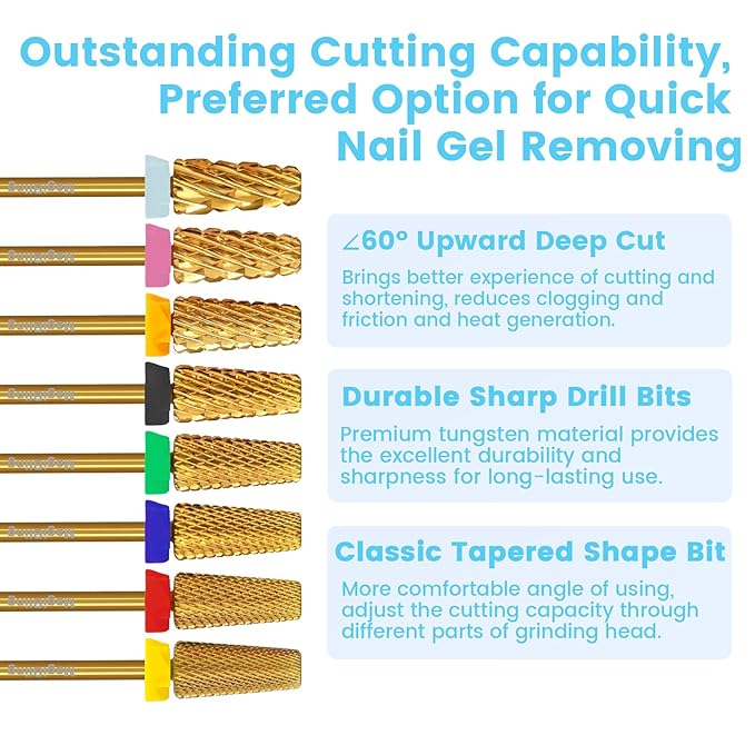 Super Cut Tapered Barrel Nail Drill Bits, 3/32'' Professional Tungsten Carbide Bits, Remove Hard Gel Fast, Right Hand, Suitable for Long Acrylic Nails Gel Polishing, Fine.