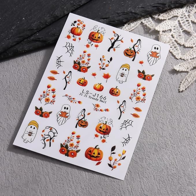 Halloween Nail Stickers Pumpkin Ghost Nail Art Stickers DIY Self Adhesive Nail Decals Cat Bat Mushroom Ghost Design Sticker Nail Decoration Supplies Holiday Manicure Accessories for Women Girls 6Pcs