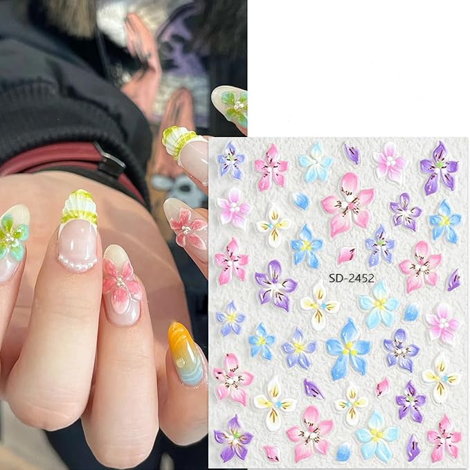 Summer Flower Nail Art Stickers Decals 5D Micro Embossed Hawaiian Flowers Nail Decals Tropical Ocean Starfish Summer Nail Stickers Lily Hibiscus Design Floral Nail Supplies for Acrylic Manicure 3Pcs
