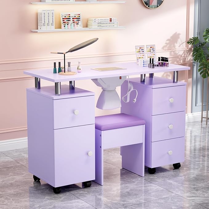 OmySalon Nail Desk and Chair Set, Manicure Table with Dust Collector, Arm Rest, 8 Wheels, Acetone Resistant Desktop, Drawers & Cabinet Storage for Makeup Beauty Salon (Lavender)