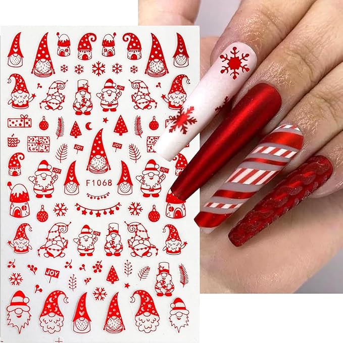 8 Sheets Christmas Nail Stickers 3D Self-Adhesive Winter Santa Claus Decals Glossy Black Red Reindeer Snowflake Bell Elk Xmas Trees Art Supplies for DIY Nails