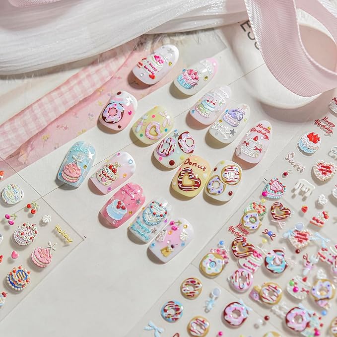 Christmas Nail Stickers 5D Birthday Cake Candle Nail Art Stickers Bow Fruit Nail Decals Self Adhesive Design 3D Cute Sticker Holiday Nail Art Decoration for Girls Women Manicure Accessories