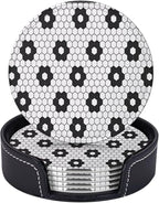 6 Pcs Black White Flower Hex Tile Print Floor Leather Coasters by Jfniub