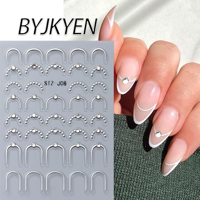 French Tip Nail Stickers for Nail Art 6 Sheets Crystal Diamond Nail Design Decals 3D Self-Adhesive Black Gold Silver French Line Nail Art Stickers Nail Tips Sticker Manicure DIY Decoration for Women