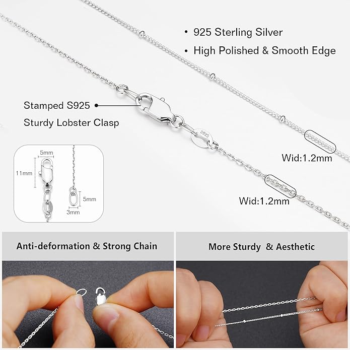 IIEFWELL S925 Sterling Silver Chain Necklace for Women - 1.2/0.8mm Satellite Bead Cable Box Chains Necklace Set, Hypoallergenic Sturdy Women's Chain Necklaces, 16/18/20/22 Inches Jewelry Gifts