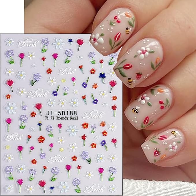 3Pcs Colorful Flower Nail Art Stickers 5D Self Adhesive Floral Nail Decals Embossed Daisy Nail Stickers Tulip Rose Nail Design Supplies Spring Summer Decoration Accessories for Women DIY Manicure